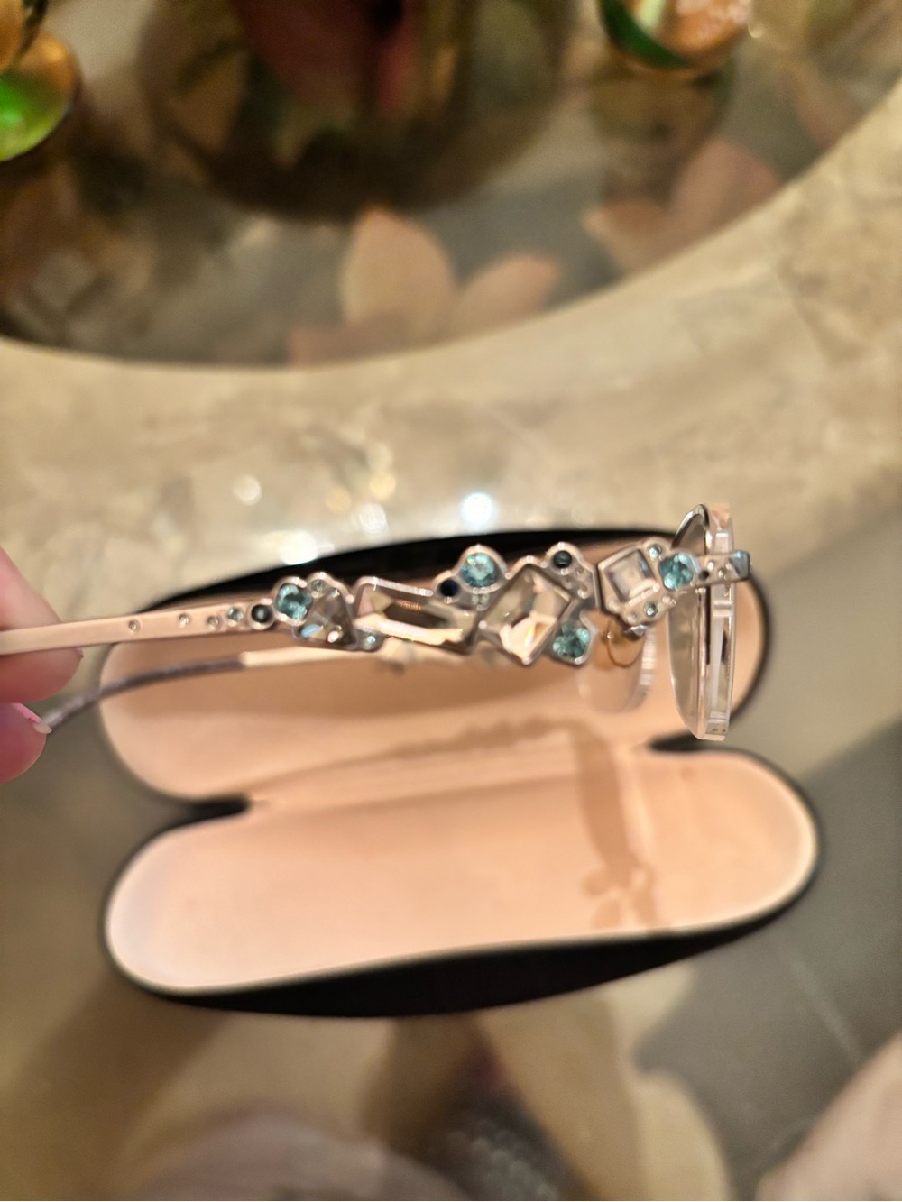 Judith Leiber Silver/ Titanium Glasses with Aqua Crystals Hand made in Japan